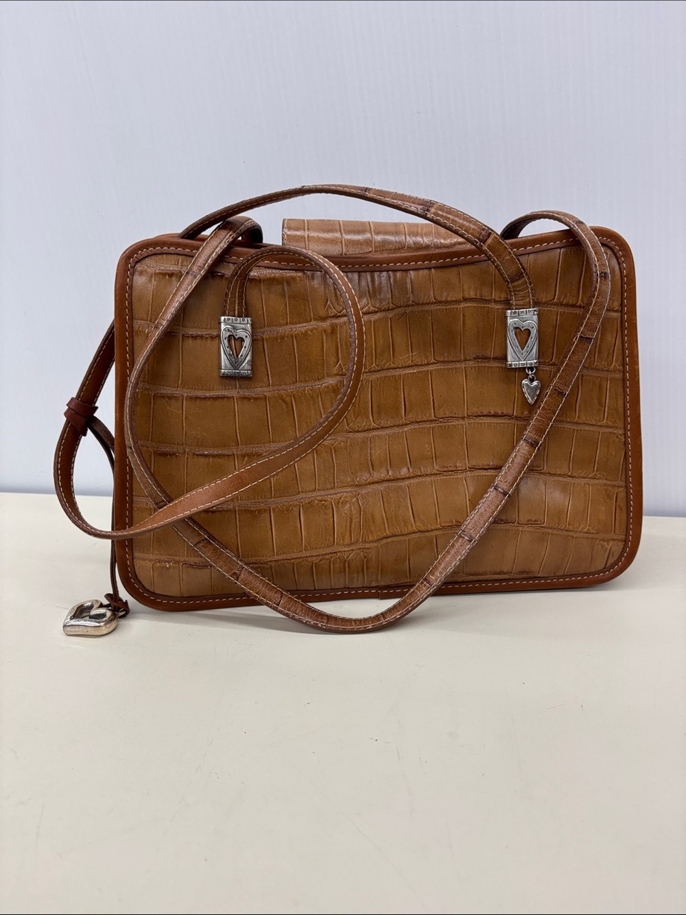 Brighton Croc-Embossed Tan Shoulder Bag with Heart Hardware
